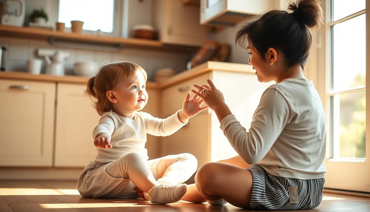 Parent and toddler practicing hand signs together on kitchen floor