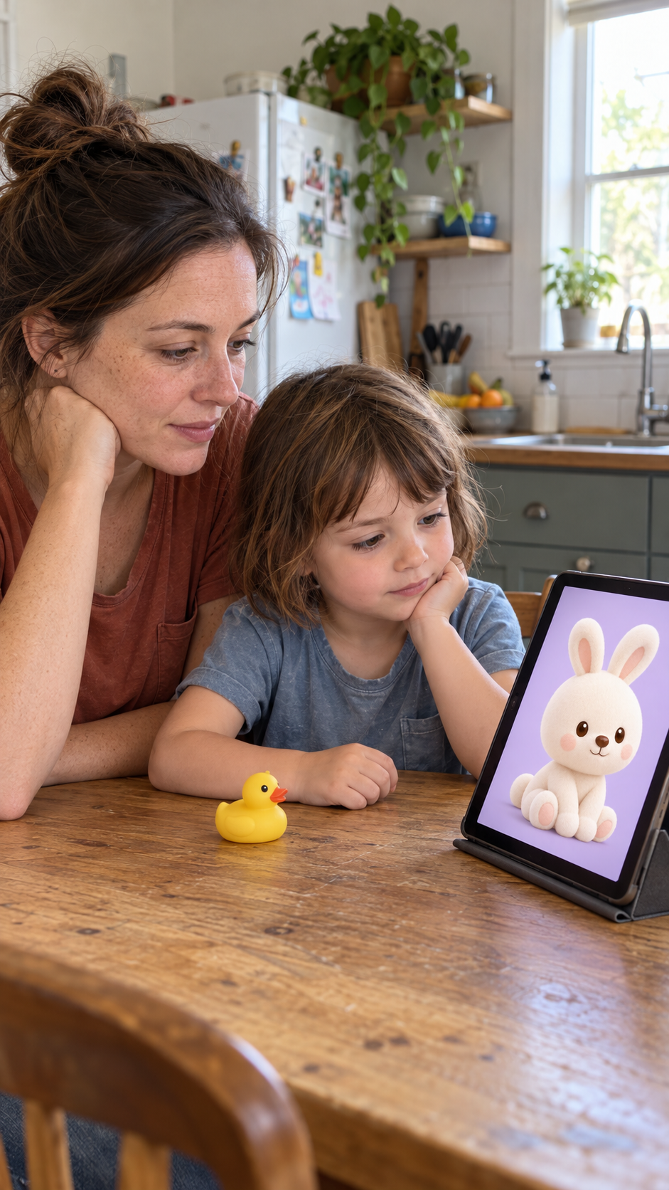 A mother and daughter playing together beside Buddy on a tablet